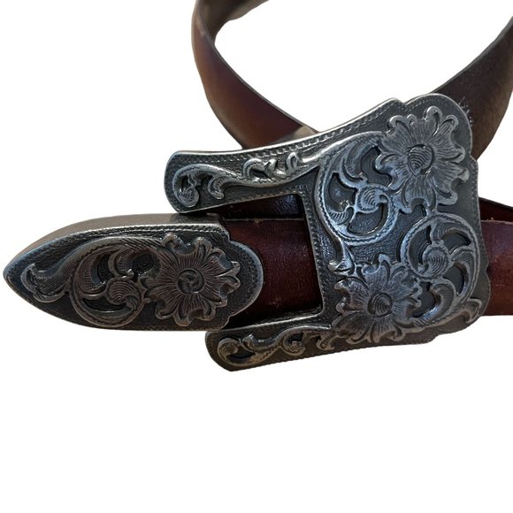 Distressed Italian Leather Western Belt Tooled Metal Buckle Women L Brown main image 6
